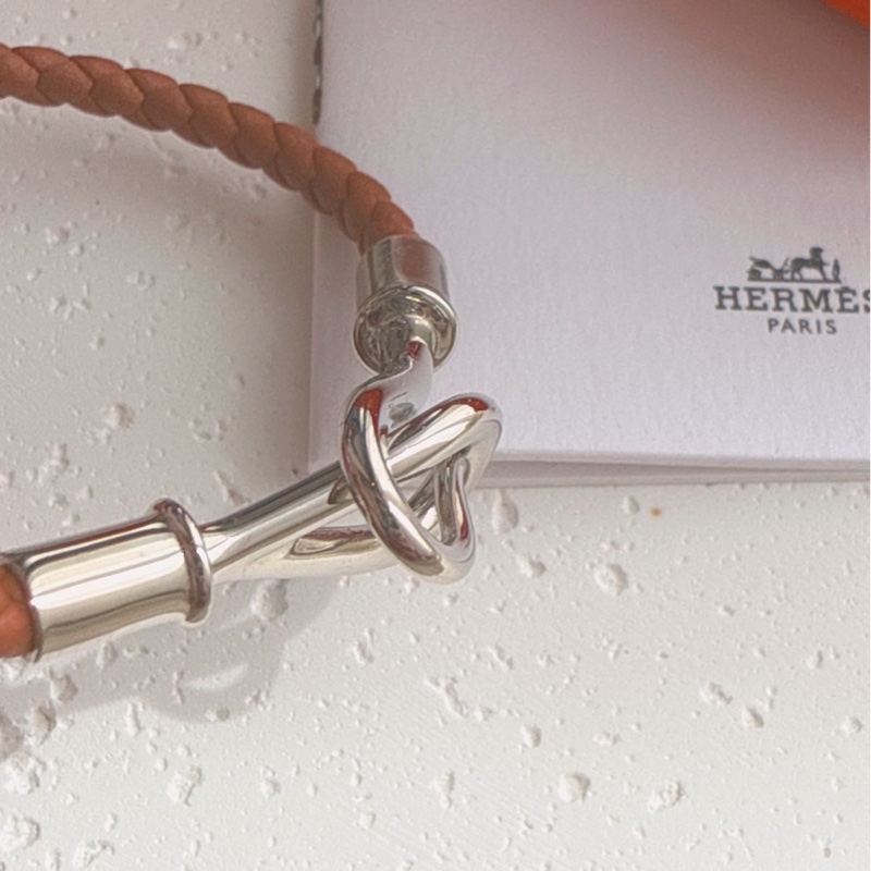 HERMES 棕色編織Jumbo銀扣手環-4