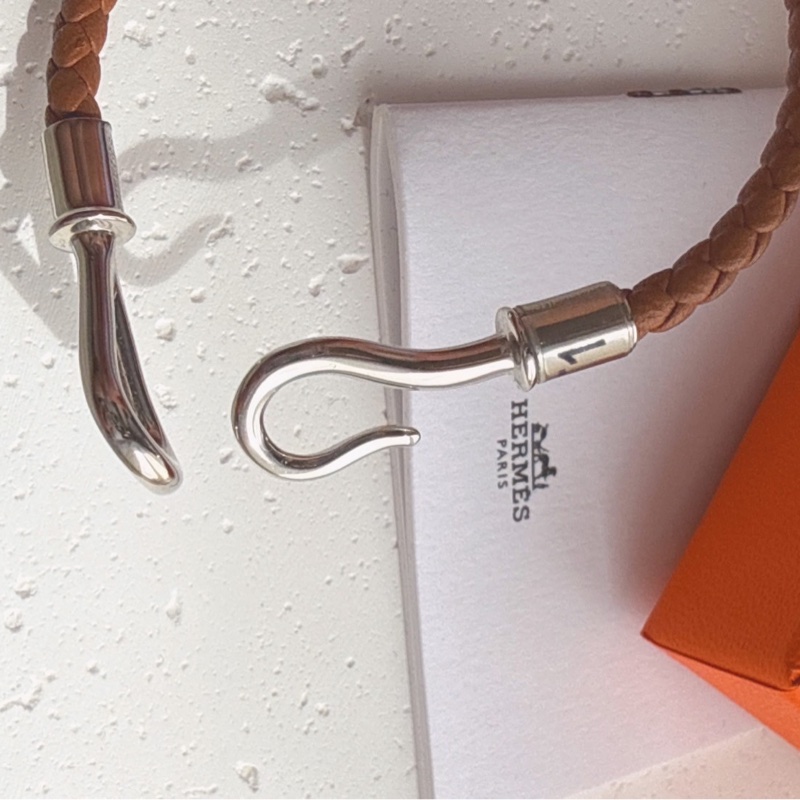 HERMES 棕色編織Jumbo銀扣手環-5