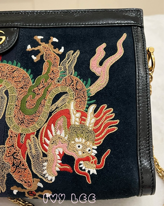 Gucci 深藍黑色絨面麂皮革龍刺繡 503876 金鏈條 Ophidia 單肩包 斜背包 正品 二手精品-32