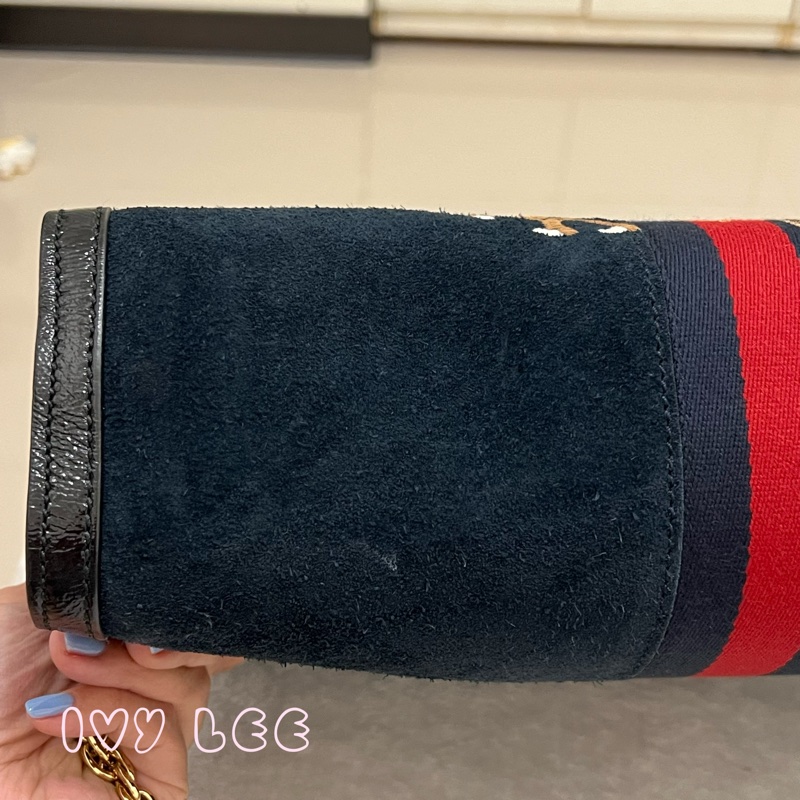 Gucci 深藍黑色絨面麂皮革龍刺繡 503876 金鏈條 Ophidia 單肩包 斜背包 正品 二手精品-33