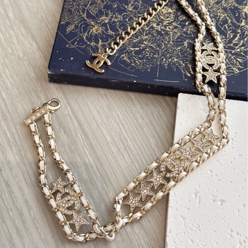 CHANEL 滿鑽星星白色皮穿鏈頸鏈chock-0
