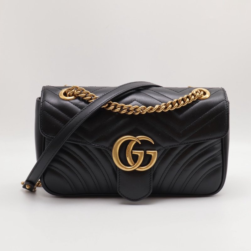 GUCCI Marmont Matelasse斜背包 - 26小號黑金-0