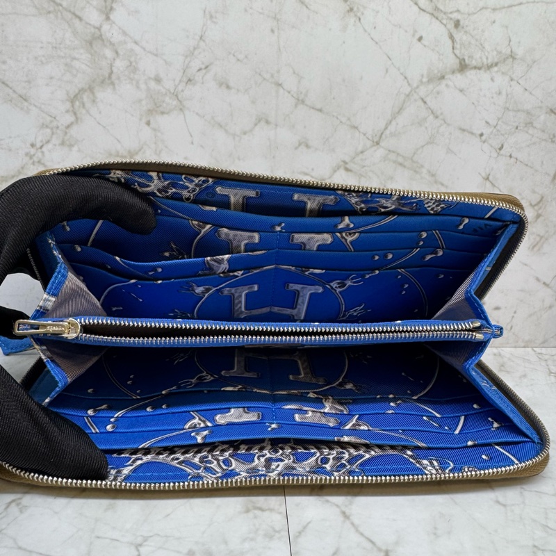 HERMES大象灰白車線藍絲巾長夾/匡O-6