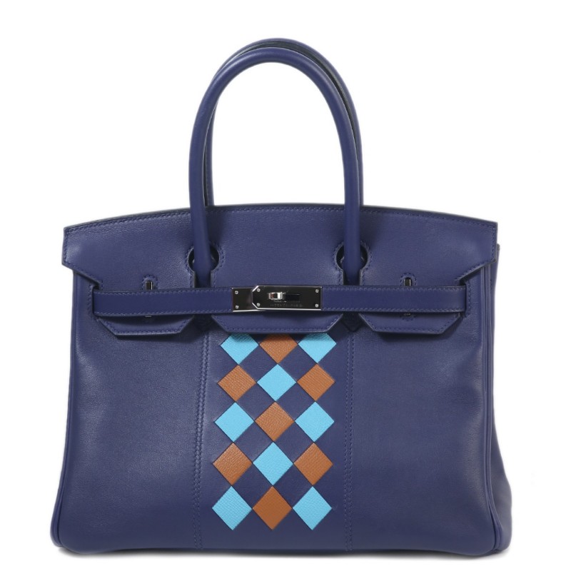 8成新 HERMÈS 限量款 Birkin 30 鉑金包 Tressage De Cuir 菱格紋 M3 Blue Encre 墨水藍 37 Gold 金棕 P3 Blue du Nord 北方藍 Swift牛皮 銀扣 (思英HX-0