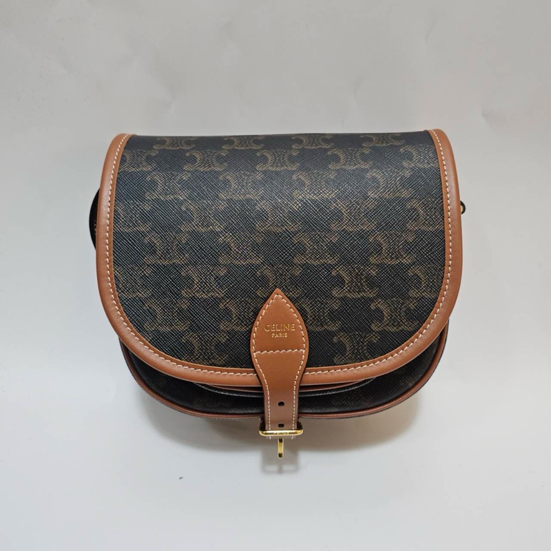 Celine PVC咖牛皮邊中號馬鞍斜背包-0