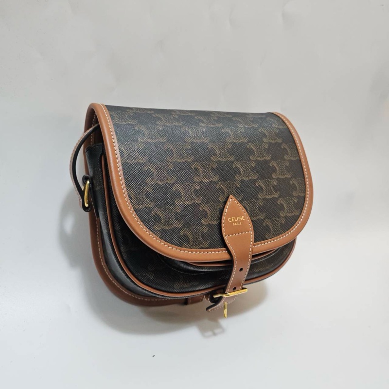 Celine PVC咖牛皮邊中號馬鞍斜背包-1
