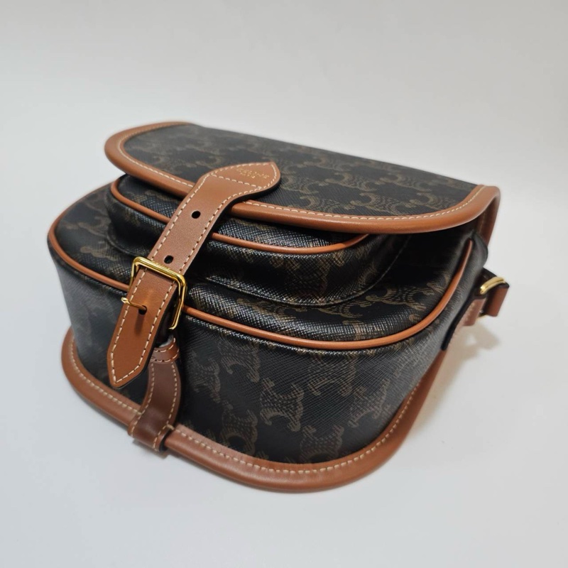 Celine PVC咖牛皮邊中號馬鞍斜背包-7