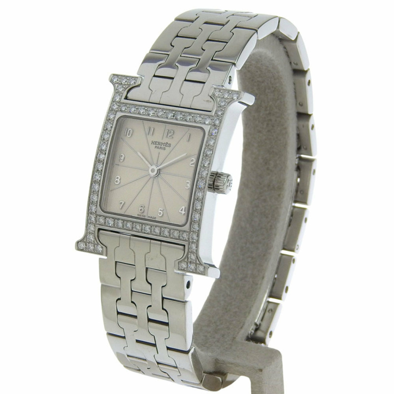 Hermès H 手錶 HH1.230，鑽石錶圈，不銹鋼，石英機芯，模擬顯示，白色錶盤，女士-1