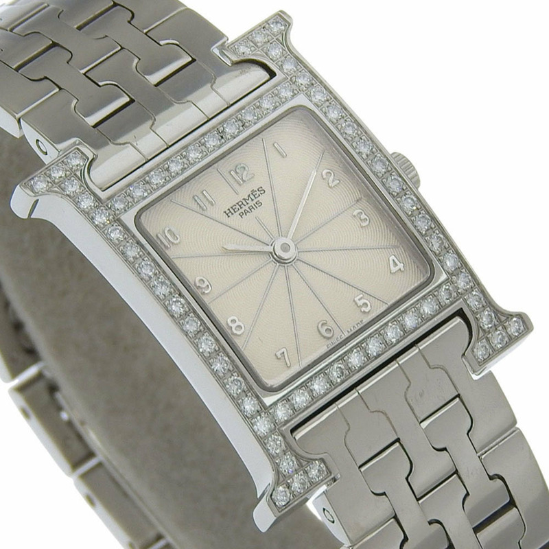 Hermès H 手錶 HH1.230，鑽石錶圈，不銹鋼，石英機芯，模擬顯示，白色錶盤，女士-2