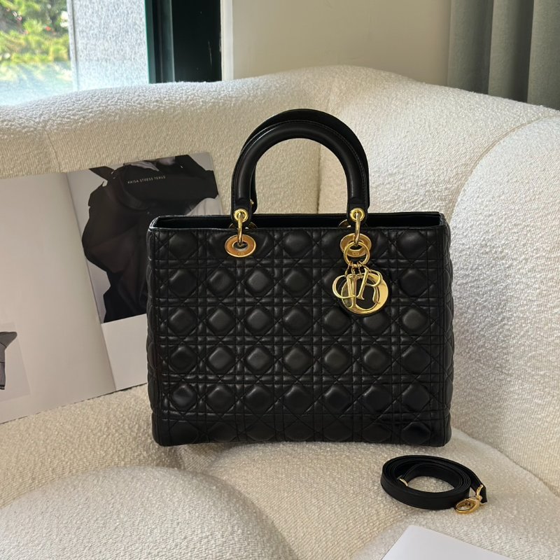 DIOR Lady dior 藤格紋戴妃包 - 大號黑金-0