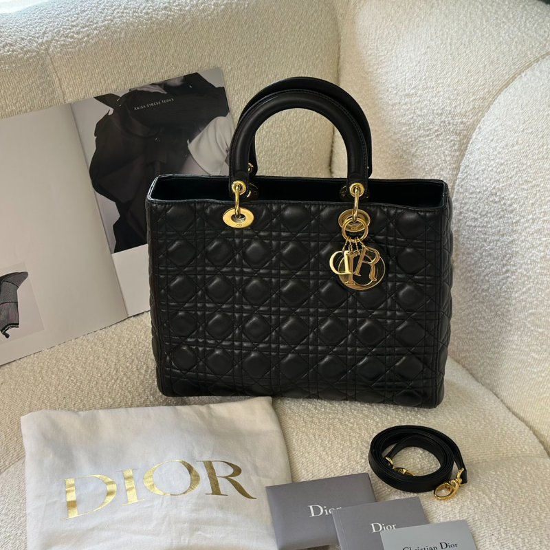 DIOR Lady dior 藤格紋戴妃包 - 大號黑金-8
