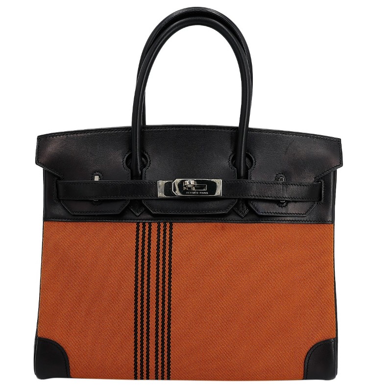7成新 HERMÈS 愛馬仕 限量收藏款 Birkin 30 Potamus 89 黑色 Noir 93 愛馬仕橘 Orange Box牛皮 Toile H 帆布 銀扣 □J刻 2006年 (思英HX-0