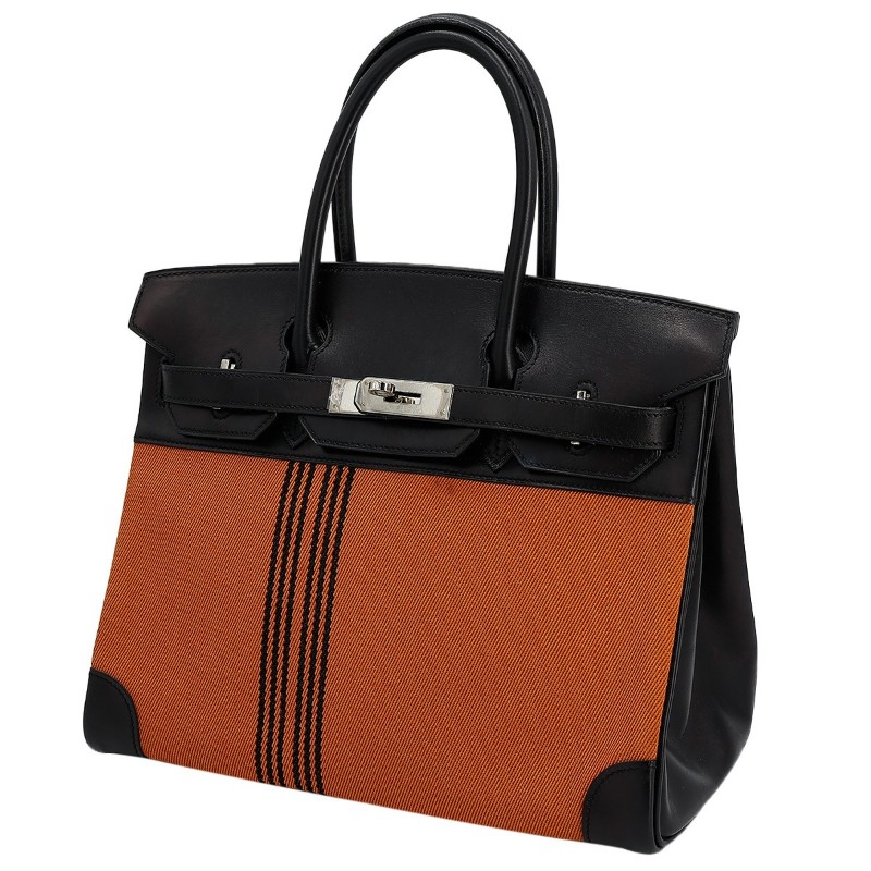 7成新 HERMÈS 愛馬仕 限量收藏款 Birkin 30 Potamus 89 黑色 Noir 93 愛馬仕橘 Orange Box牛皮 Toile H 帆布 銀扣 □J刻 2006年 (思英HX-1