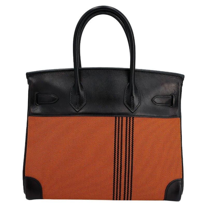 7成新 HERMÈS 愛馬仕 限量收藏款 Birkin 30 Potamus 89 黑色 Noir 93 愛馬仕橘 Orange Box牛皮 Toile H 帆布 銀扣 □J刻 2006年 (思英HX-2