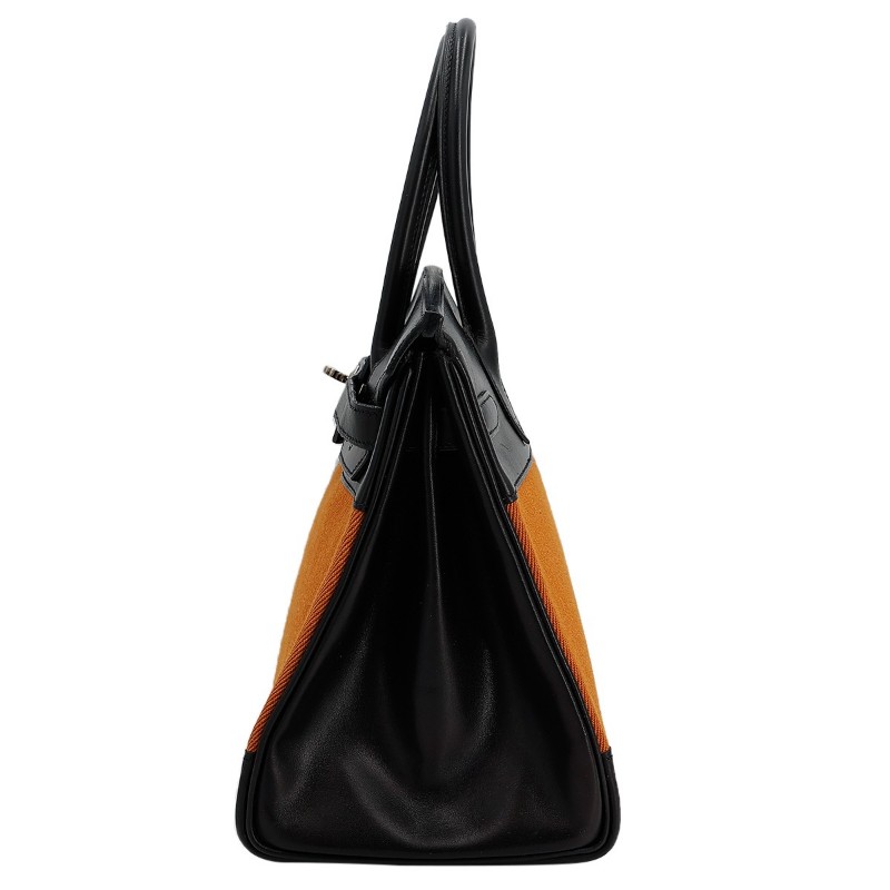 7成新 HERMÈS 愛馬仕 限量收藏款 Birkin 30 Potamus 89 黑色 Noir 93 愛馬仕橘 Orange Box牛皮 Toile H 帆布 銀扣 □J刻 2006年 (思英HX-3