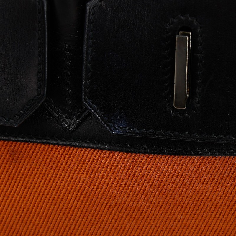 7成新 HERMÈS 愛馬仕 限量收藏款 Birkin 30 Potamus 89 黑色 Noir 93 愛馬仕橘 Orange Box牛皮 Toile H 帆布 銀扣 □J刻 2006年 (思英HX-7