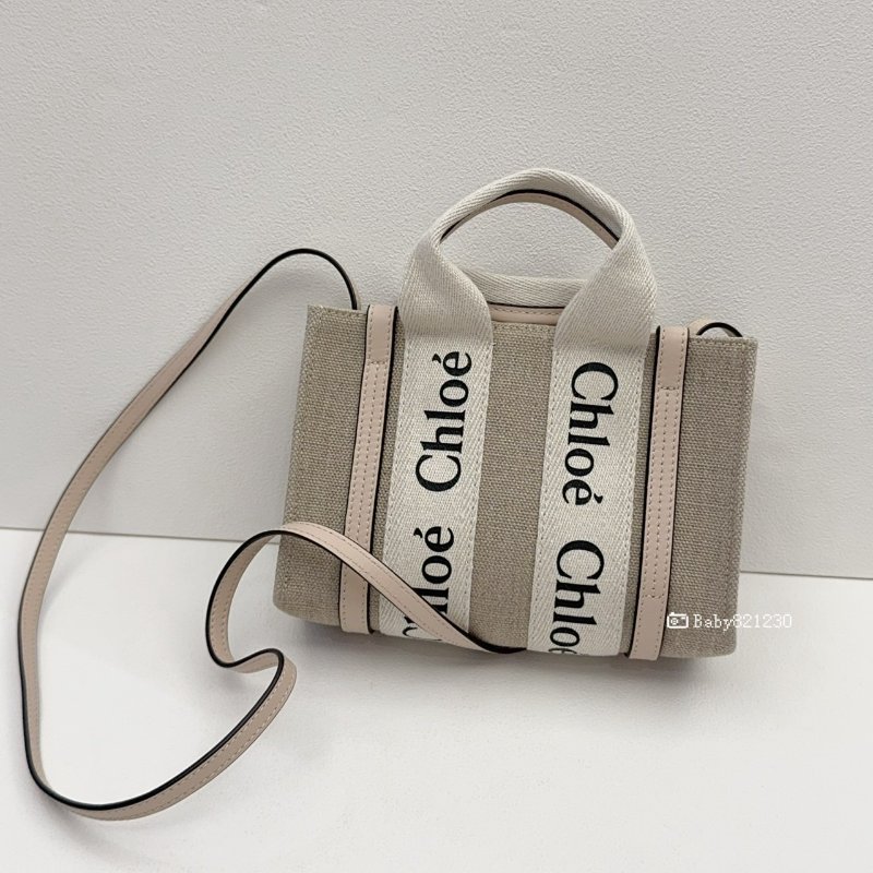 CHLOE包包 WOODY迷你帆布拼水泥粉紅牛皮斜背包-0