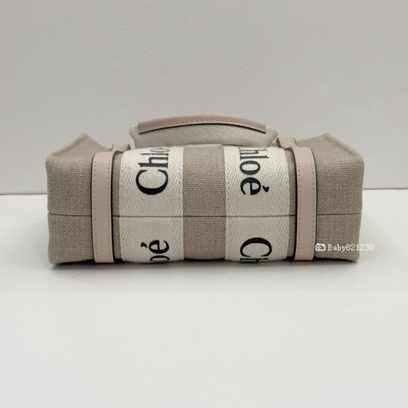 CHLOE包包 WOODY迷你帆布拼水泥粉紅牛皮斜背包-4