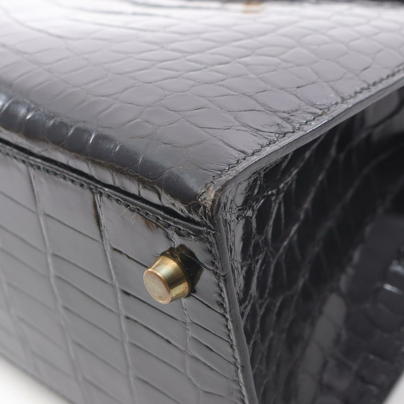 HERMES Kelly 32 手提包 鱷魚皮 Lycee 黑色 二手 女士-10