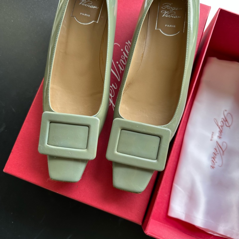 Roger Vivier 鼠尾草綠方頭芭蕾平底鞋 Belle Vivier低跟鞋37 1/2-1