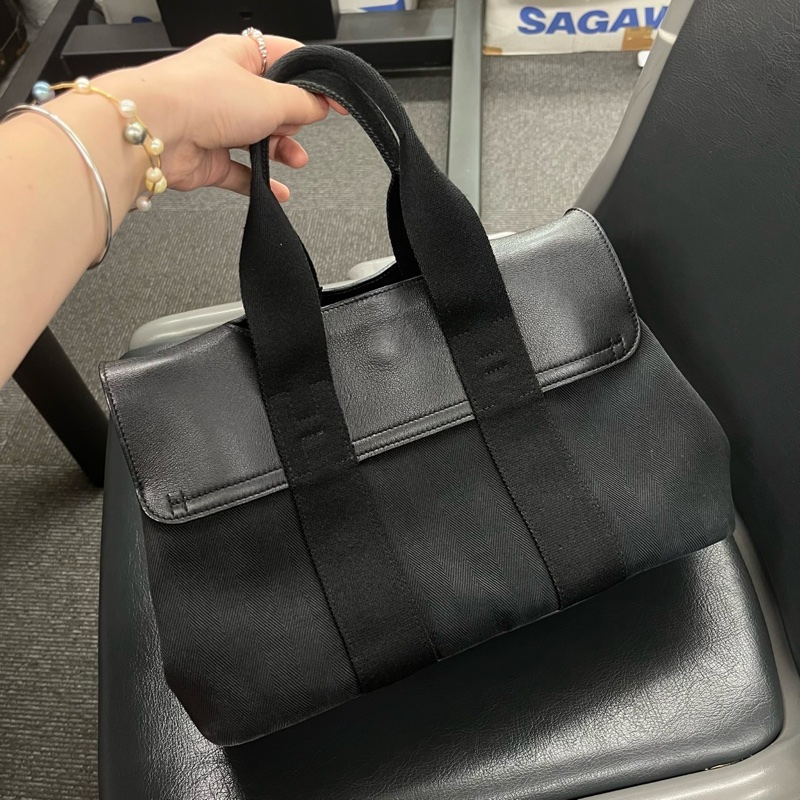 「JL精品代購」愛馬仕黑色帆布拼皮蘑菇包小號-3