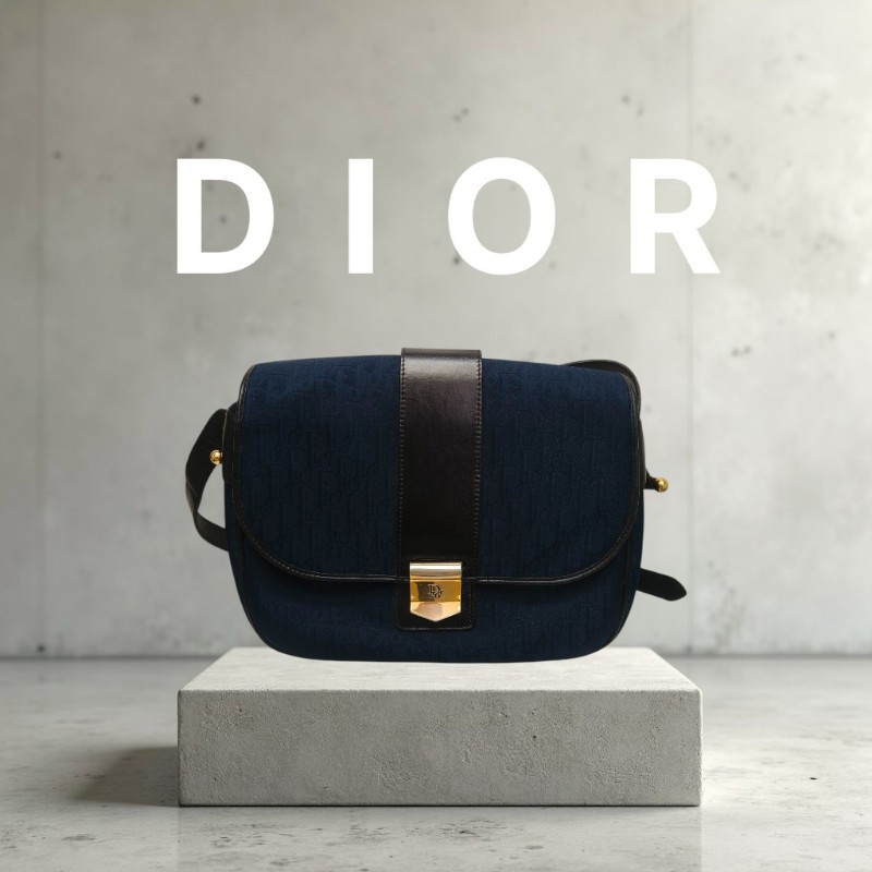🔥衝破200銷售🔥【限時降價回饋至9/21】㊣✨Christian Dior✨迪奧 CD 深藍色 老花 刺繡 牛皮 肩背包 郵差包 信封包 斜背包/二手包/保證正品🌳二手樹屋🌳-0