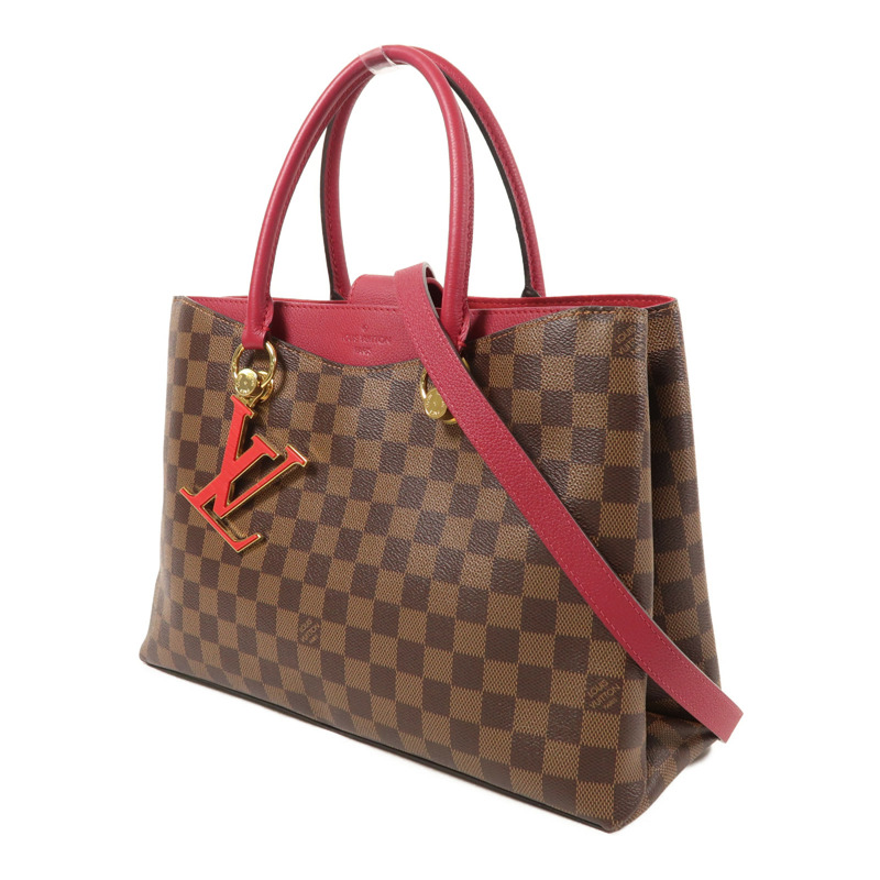 LOUIS VUITTON Damier Riverside金扣手挽肩背兩用袋棕色/紅色-2