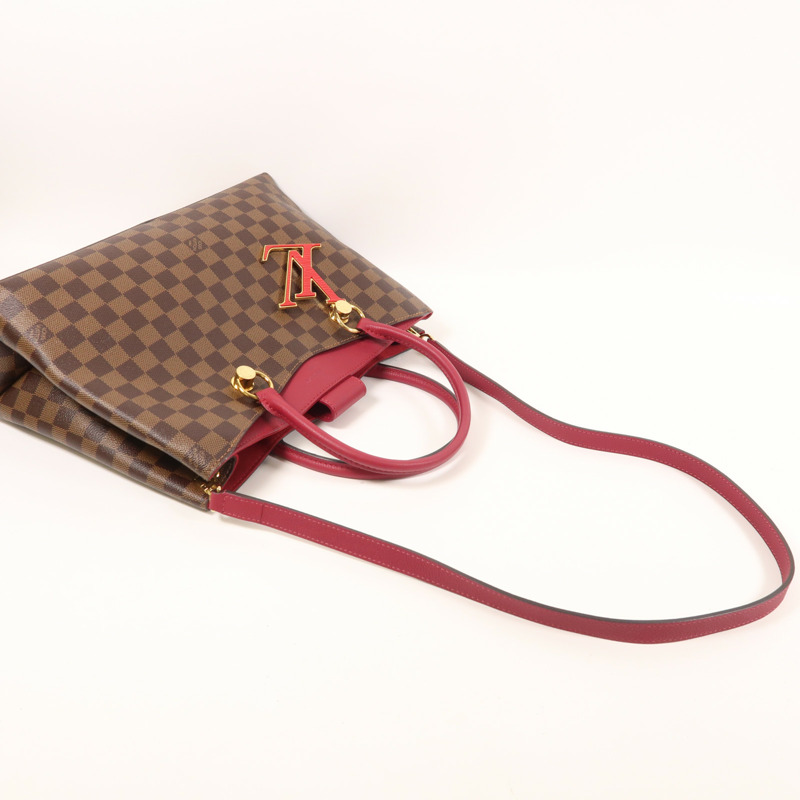 LOUIS VUITTON Damier Riverside金扣手挽肩背兩用袋棕色/紅色-8