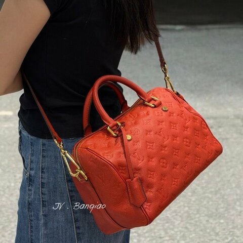 LV SPEEDY 25 紅色牛皮老花壓紋波士頓包 M41187