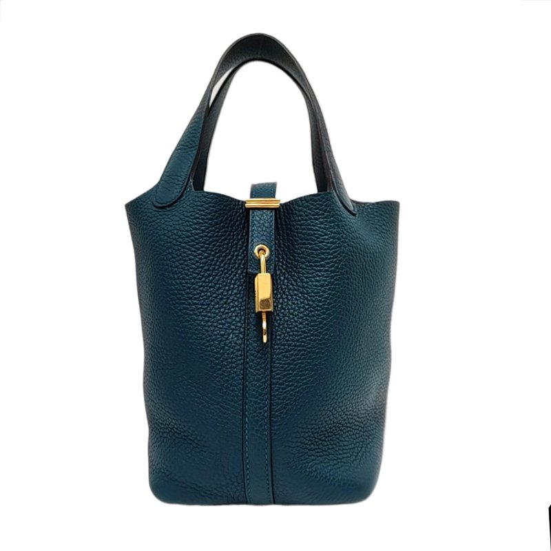 HERMÈS Picotin Lock 18 鴨子藍Clemence牛皮菜籃子手提包 金色五金 D刻-0