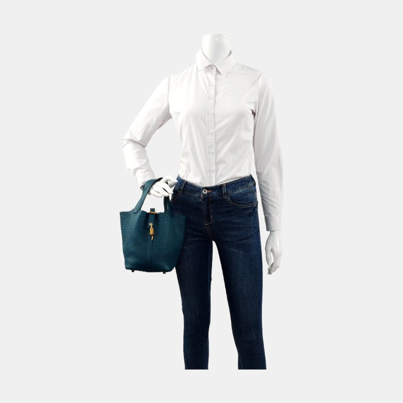 HERMÈS Picotin Lock 18 鴨子藍Clemence牛皮菜籃子手提包 金色五金 D刻-1