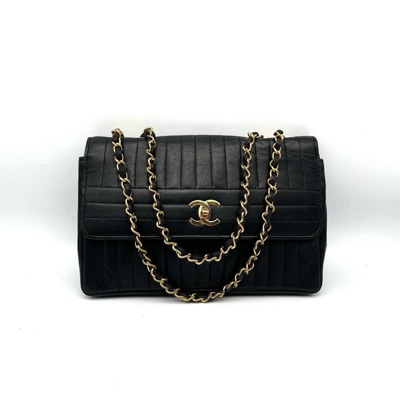 ✨ CHANEL 🌟香奈兒經典老香包 – 法國製造 絕版款 ✨ 轉釦 雙鏈 黑金羊 厚羊皮古董包-0