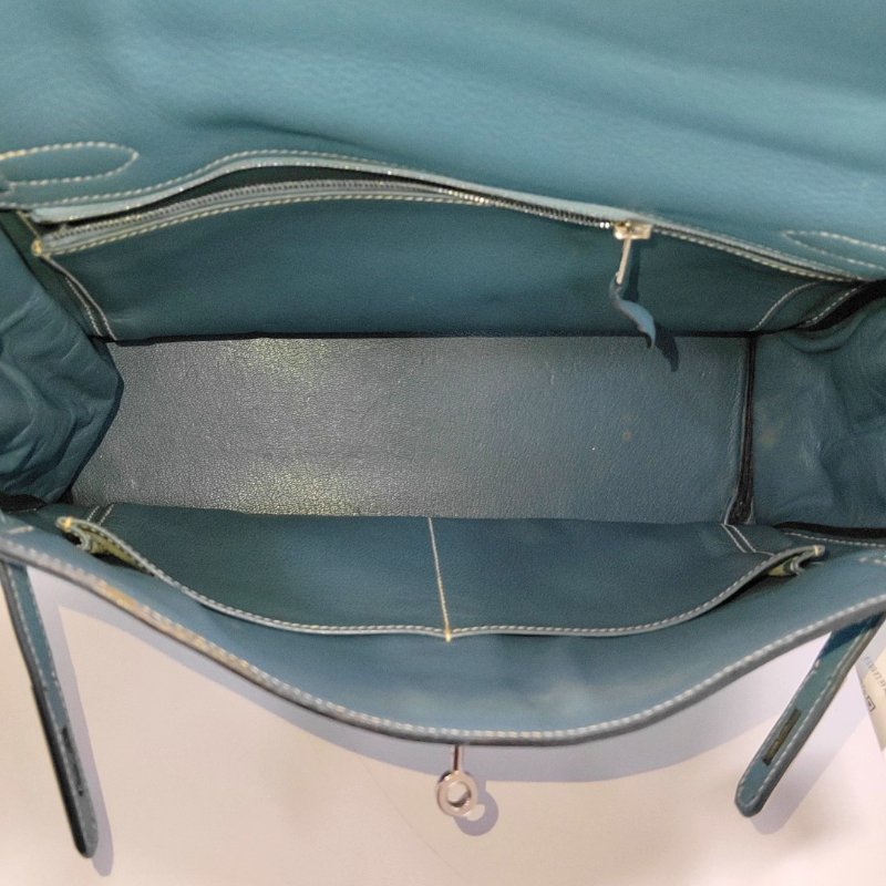 HERMÈS Kelly 32 牛仔藍Evercolor牛皮凱莉包手提包 銀色五金 框F刻 內縫 無肩帶-6