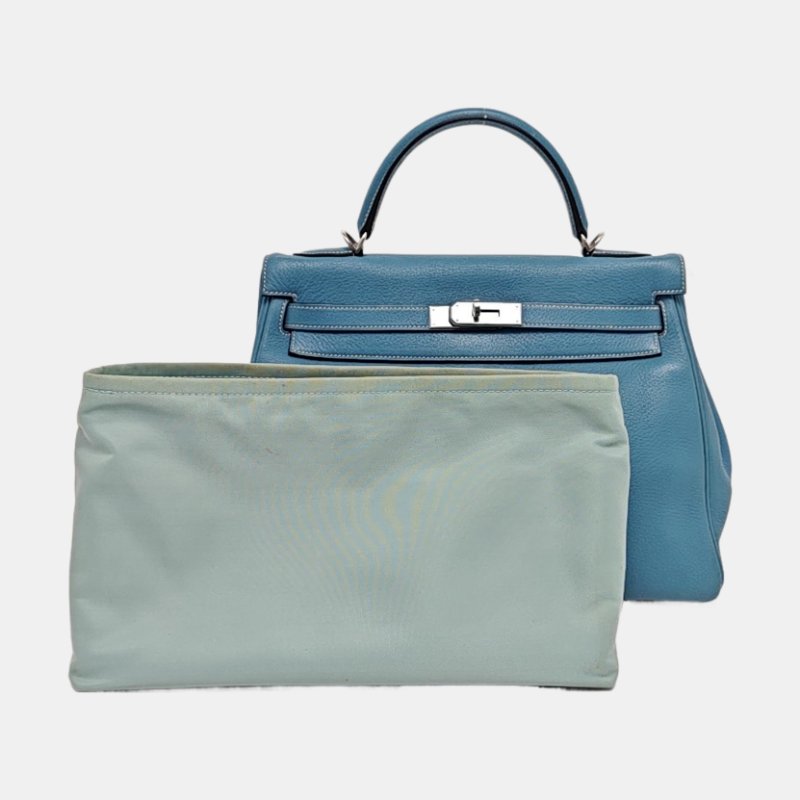 HERMÈS Kelly 32 牛仔藍Evercolor牛皮凱莉包手提包 銀色五金 框F刻 內縫 無肩帶-7