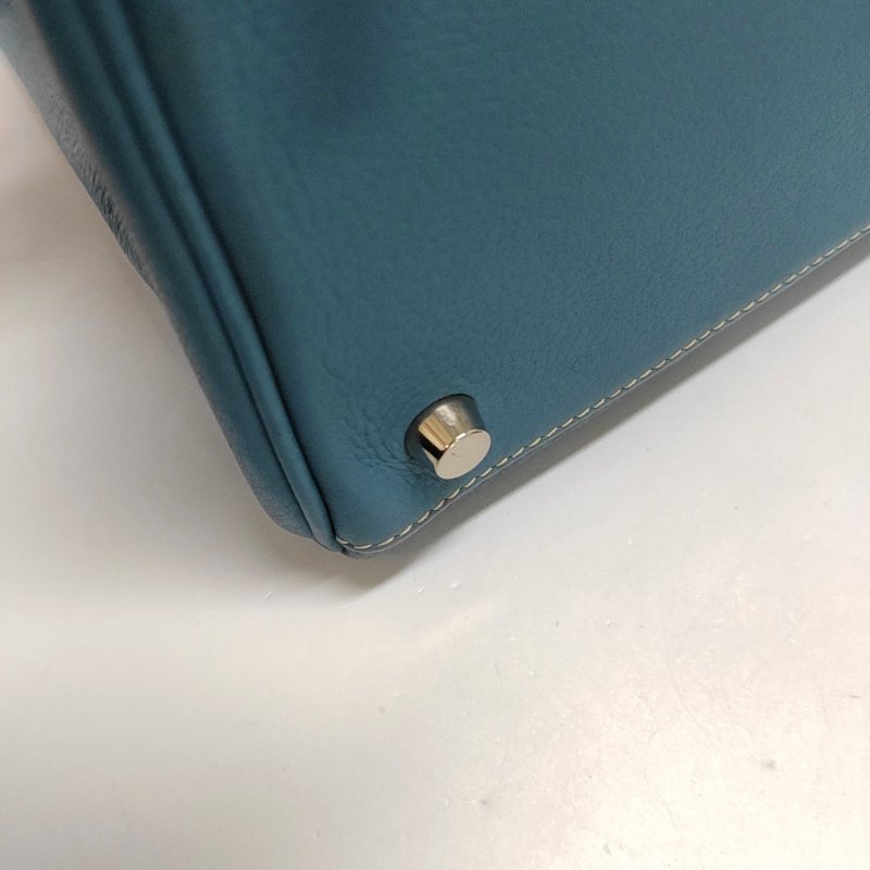 HERMÈS Kelly 32 牛仔藍Evercolor牛皮凱莉包手提包 銀色五金 框F刻 內縫 無肩帶-15