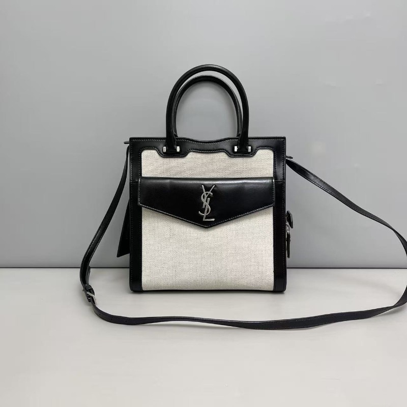 YSL聖羅蘭 黑灰色帆布拼皮uptown托特包 肩背包-0