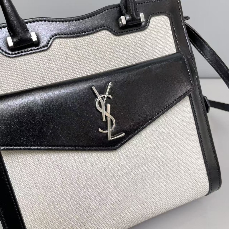 YSL聖羅蘭 黑灰色帆布拼皮uptown托特包 肩背包-2