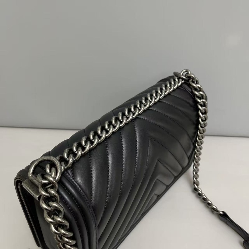 Chanel香奈兒 leboy大號黑銀V紋牛皮包 肩背包 斜背包 22開-5