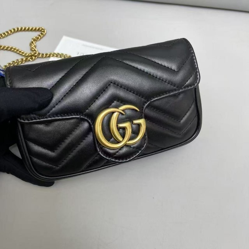 Gucci古馳Marmont迷你黑金全皮新標鏈條包 斜背包 肩背包-4