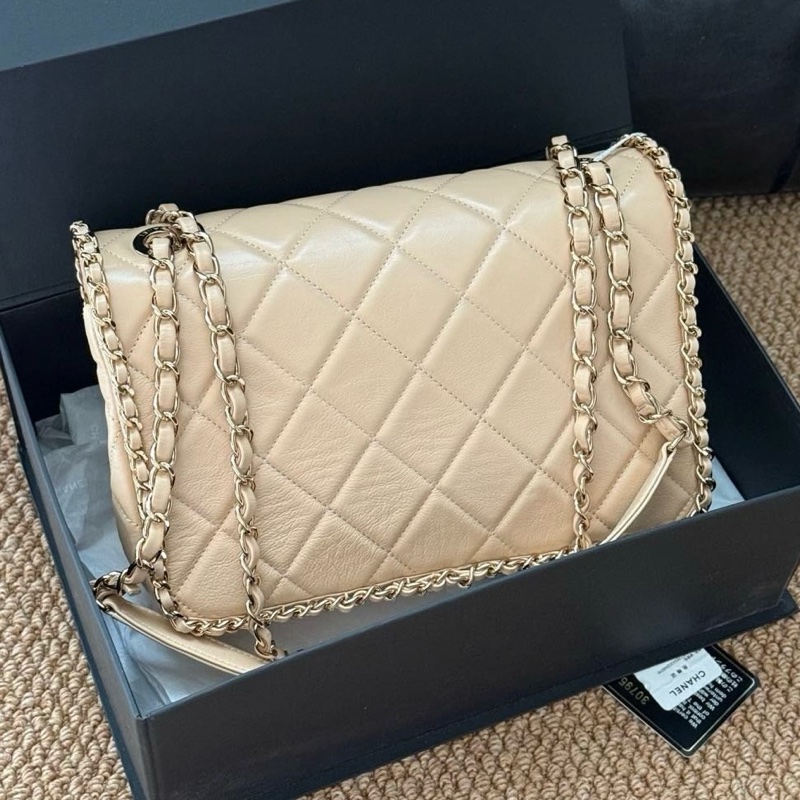 Chanel 香奈兒❤️奶茶色金扣菱格滾邊鏈條cf鏈條包25x16-2