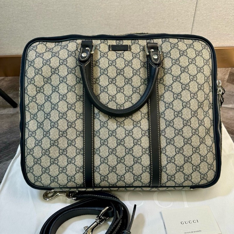 極新🆕Gucci 古馳 經典老花logo帆布拼皮 公文包 手提包 肩背包-0