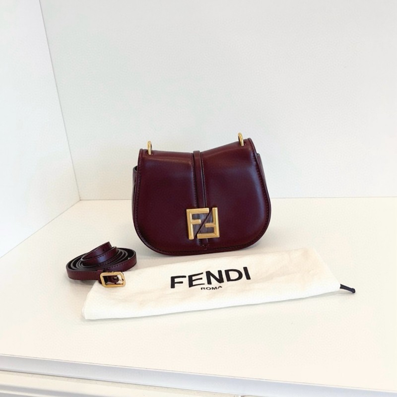Fendi芬迪 C’Mon新款全皮馬鞍郵差包 復古酒紅色金扣小號-0