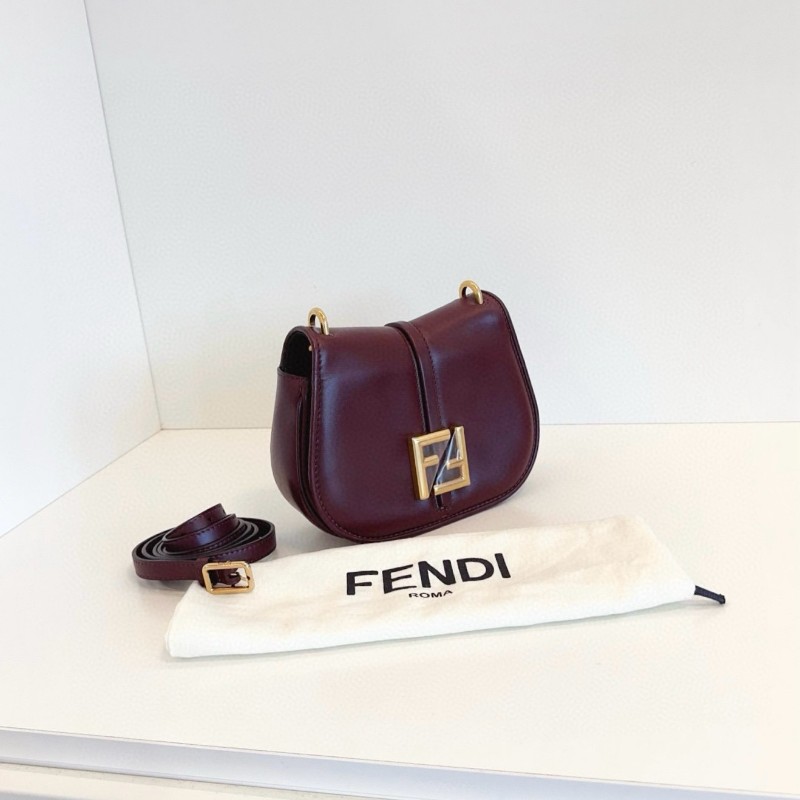 Fendi芬迪 C’Mon新款全皮馬鞍郵差包 復古酒紅色金扣小號-1