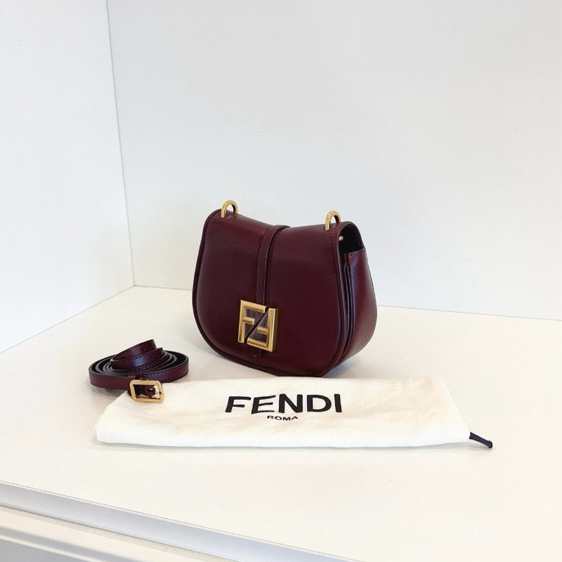Fendi芬迪 C’Mon新款全皮馬鞍郵差包 復古酒紅色金扣小號-2