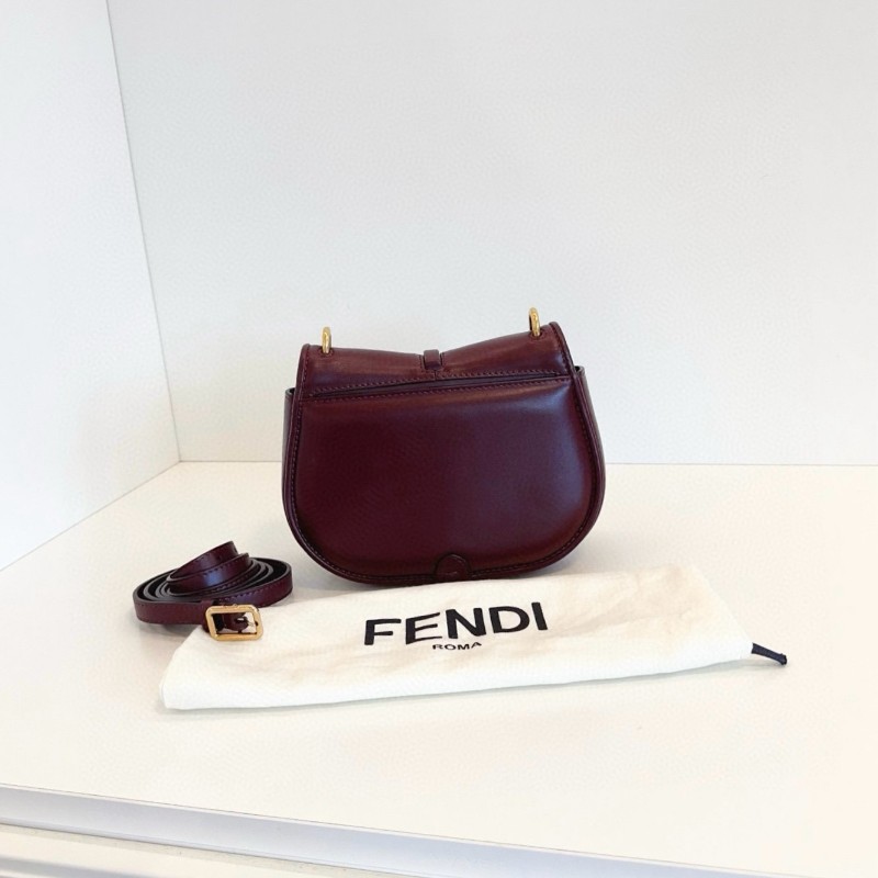 Fendi芬迪 C’Mon新款全皮馬鞍郵差包 復古酒紅色金扣小號-3