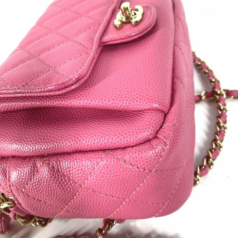 CHANEL 絎縫鏈條包,帶 Coco 標誌,Pochette 單肩包,魚子醬皮革,粉紅色-3