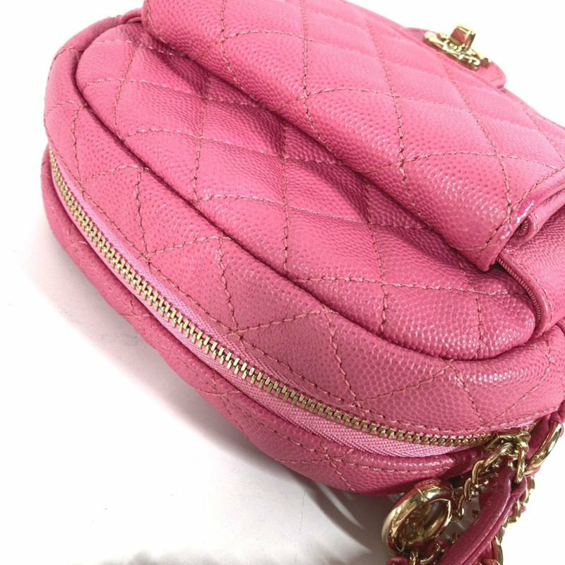 CHANEL 絎縫鏈條包,帶 Coco 標誌,Pochette 單肩包,魚子醬皮革,粉紅色-4