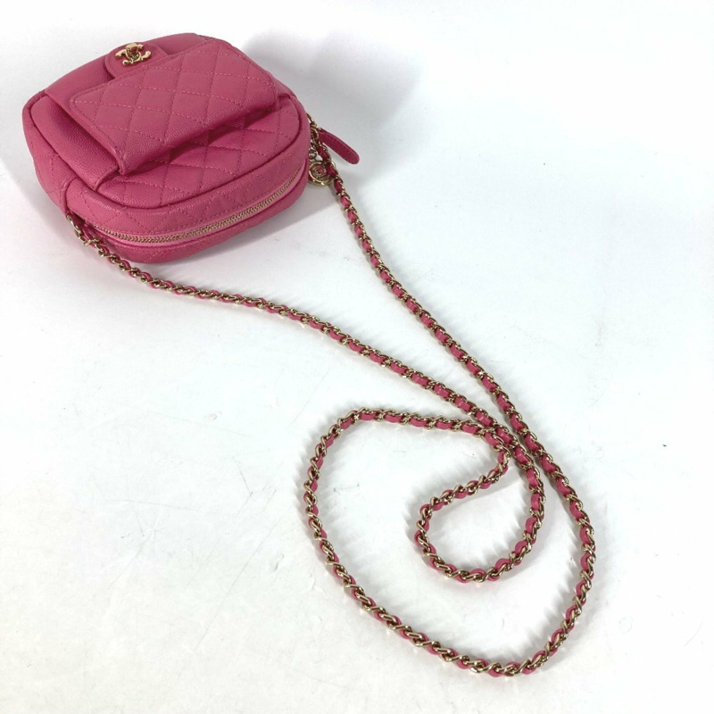 CHANEL 絎縫鏈條包,帶 Coco 標誌,Pochette 單肩包,魚子醬皮革,粉紅色-6