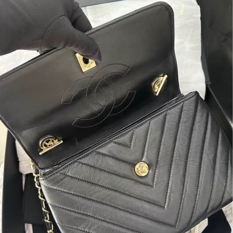 98新 香奈兒/Chanel Trengy cc系列   V紋經典黑金鍊條手提斜挎包 26開 附件：盒子 塵袋  保卡 手提袋 尺寸25×17.5×8cm-4