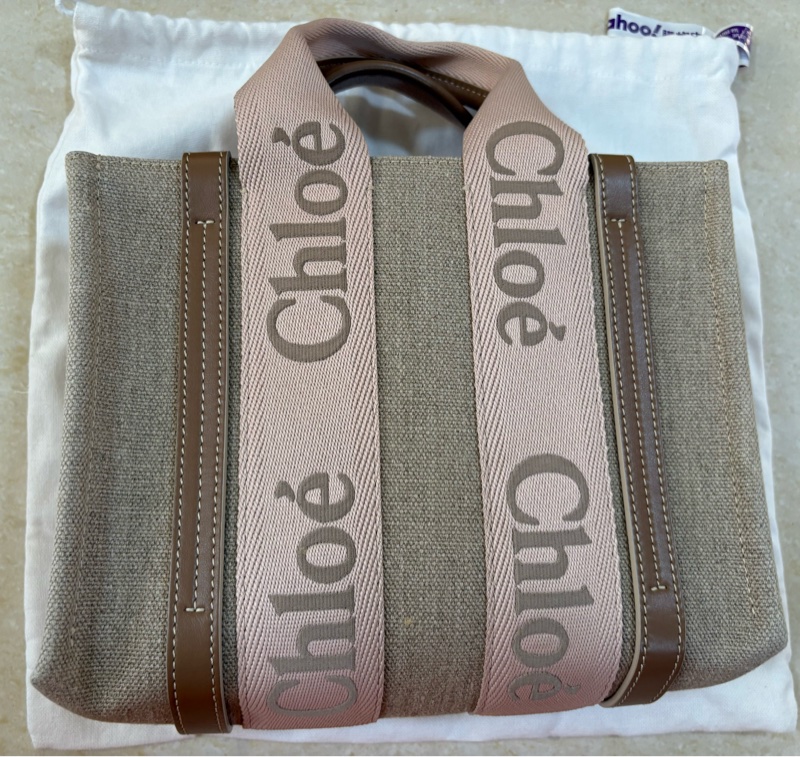 Chloe’ 斜背 (粉紅配棕色亞麻) 小號-0